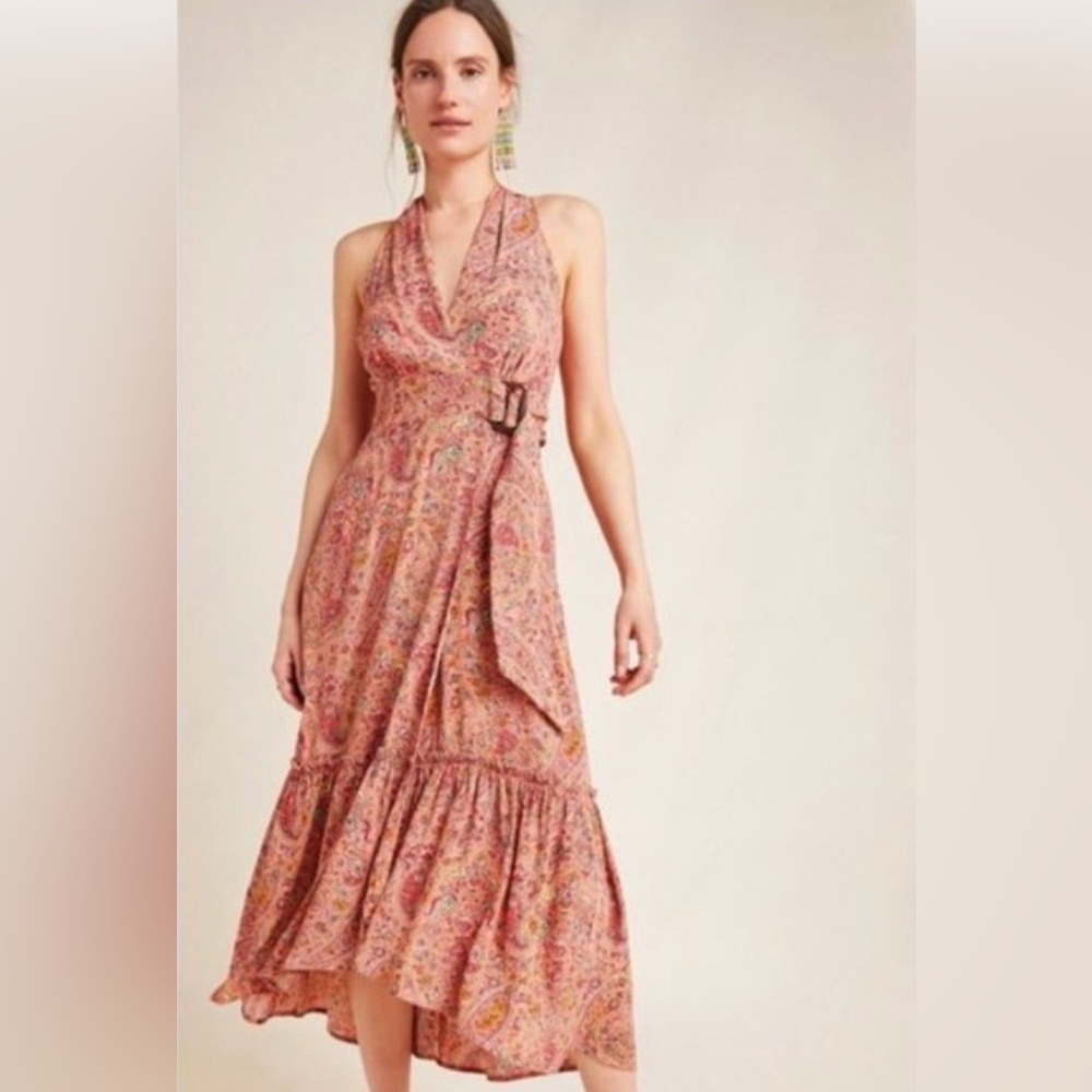 Anthropologie Marfa Paisley Wrap Halter Maxi Dress Rust Pink Size 14 EUC